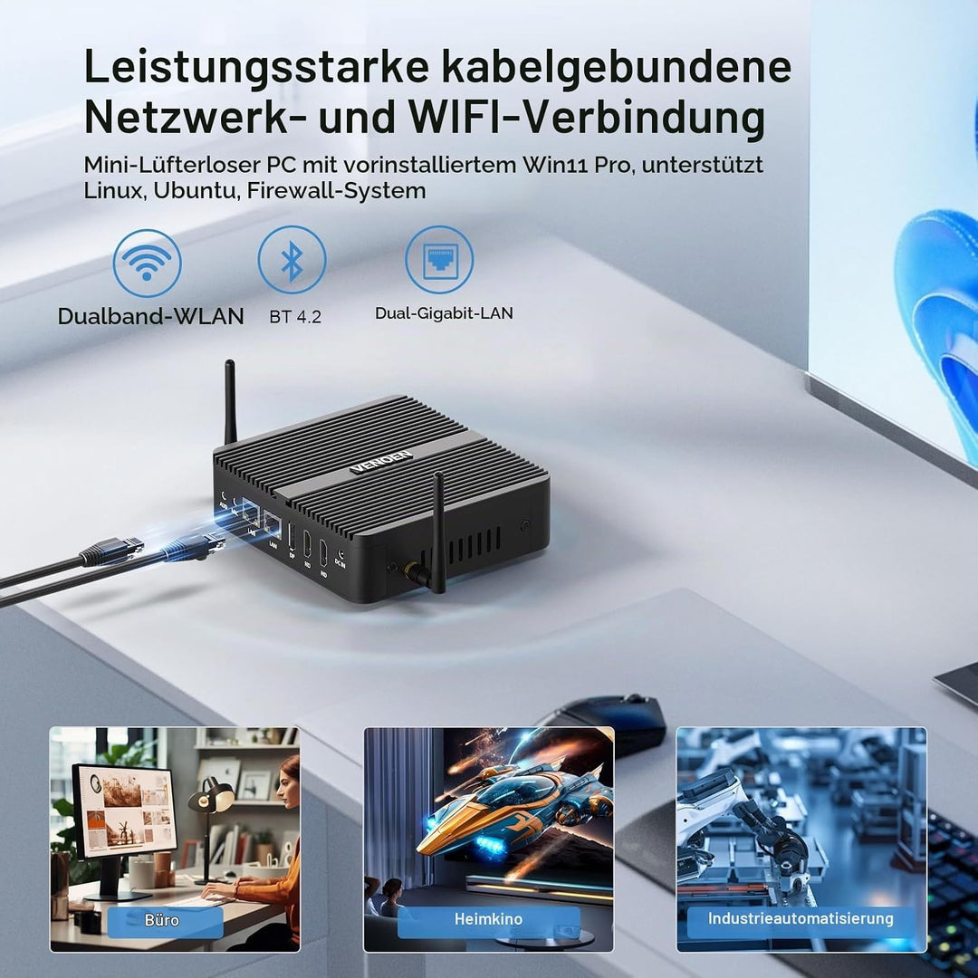 VENOEN N100 Mini PC Industrie, lüfterloser PC WIN11 pro, Dual LAN Industrial Desktop PC, Dual HD, DP