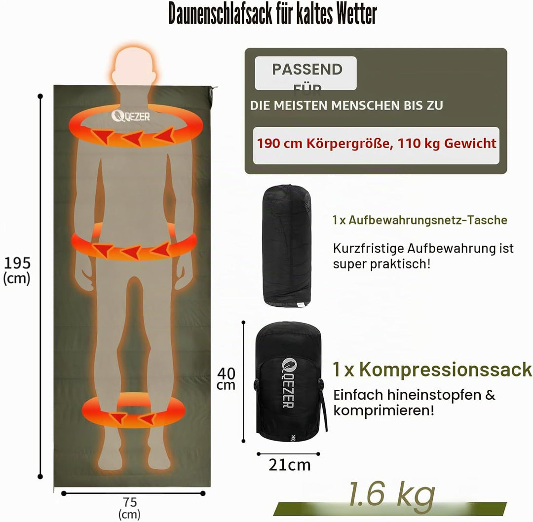 QEZER Daunenschlafsack Ultraleicht Deckenschlafsack kleines Packmass für Camping und Trekking 3~4 Ja