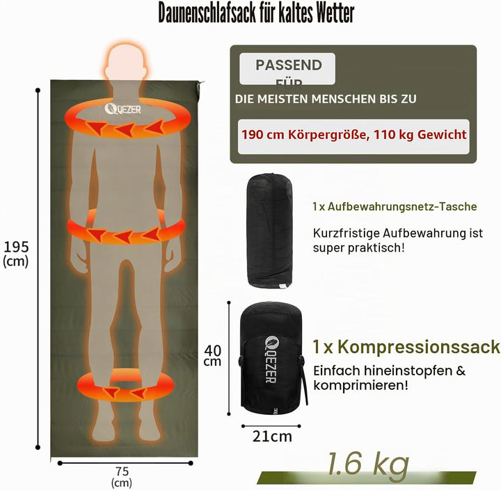QEZER Daunenschlafsack Ultraleicht Deckenschlafsack kleines Packmass für Camping und Trekking 3~4 Ja