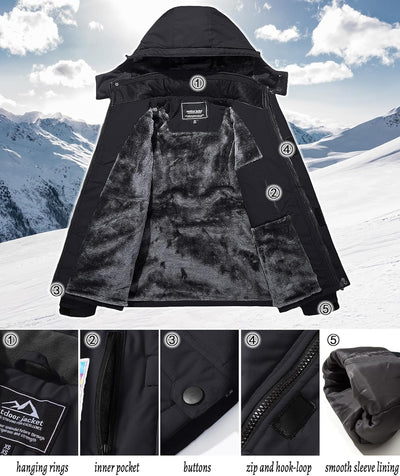 TACVASEN Herren Winter Wasserdichte Winddichte Winterjacke Warme Fleece-Futter Ski Regenmantel mit K