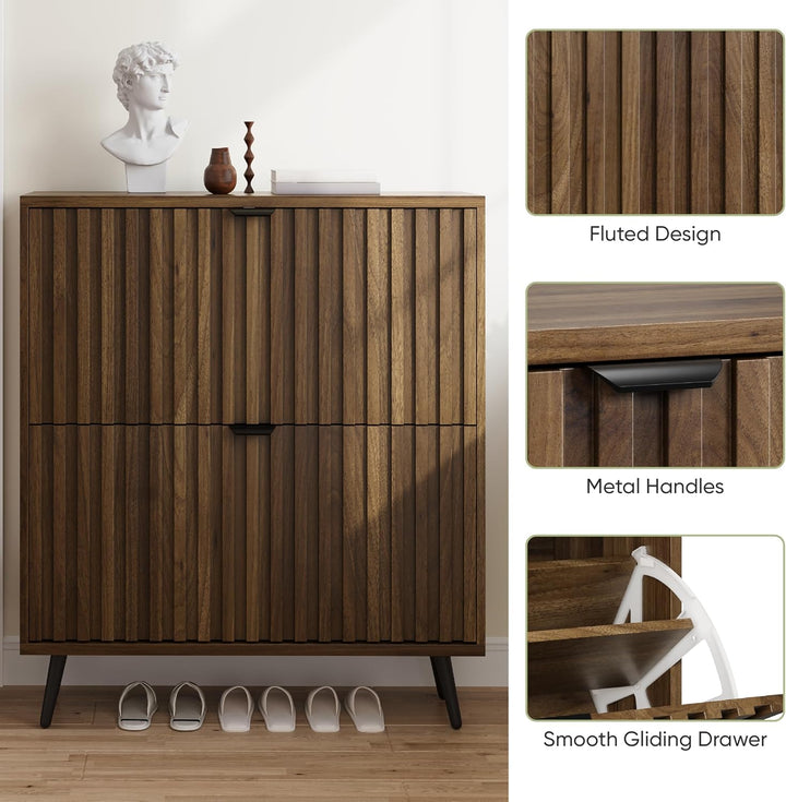 Smuxee Schuhschrank mit 2 Klappschubladen, 80 cm, Walnussholz, versteckter Schuhschrank mit geriffel