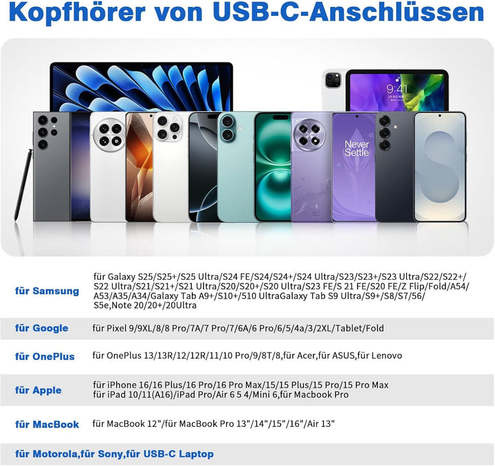 USB C Kopfhörer mit Mikrofon Ohrhaken Lautstärkeregler Kopfhörer USB C mit Kabel für Samsung Galaxy