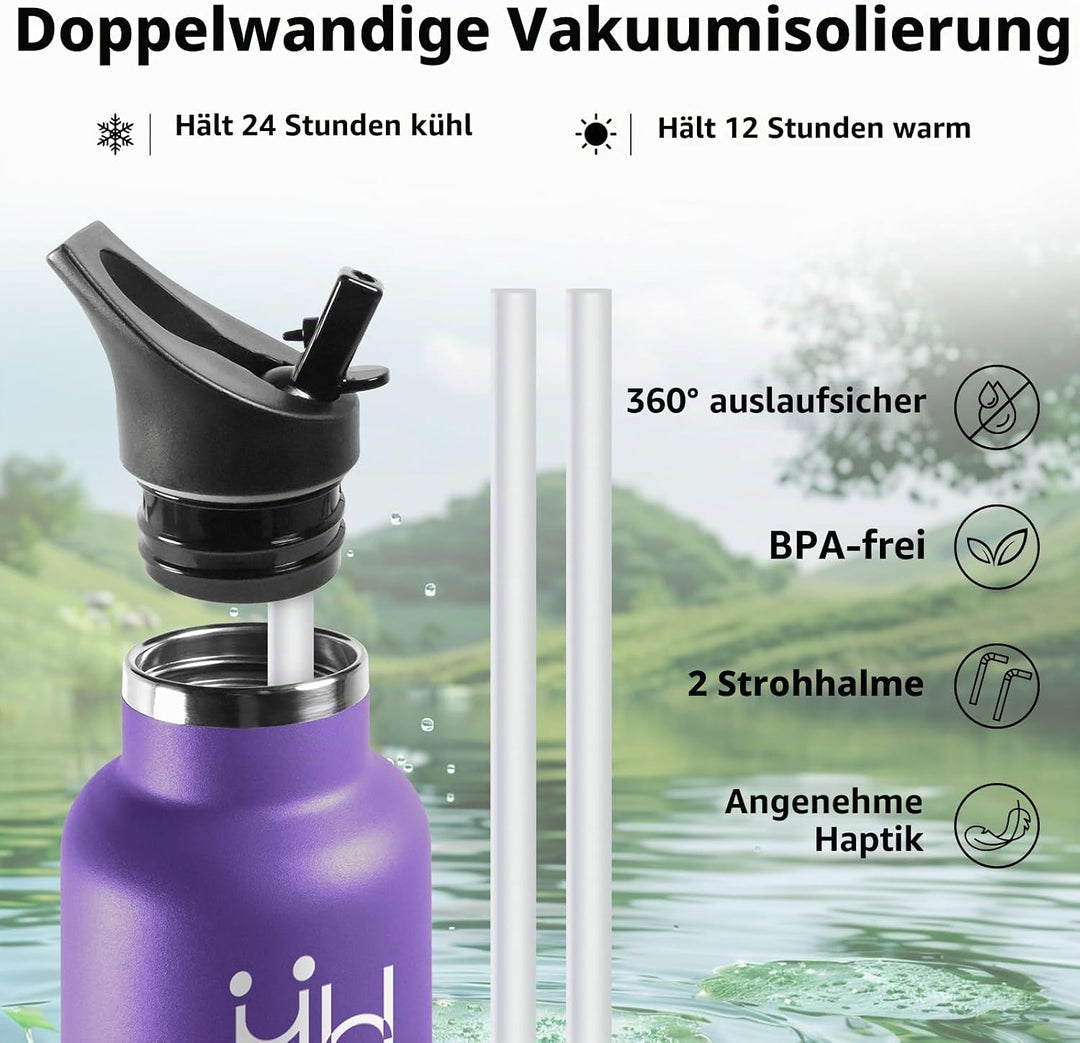 HoneyHolly Trinkflasche 1L, BPA-Frei, Trinkflasche Edelstahl, Thermosflasche, Auslaufsichere Isolier
