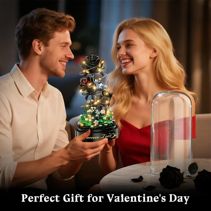 Blumen Rosen Bausatz mit LED Licht, 232 Teile Schwarzer Rosenstrauss, 3.6MM Blumenstrauss Baustein S