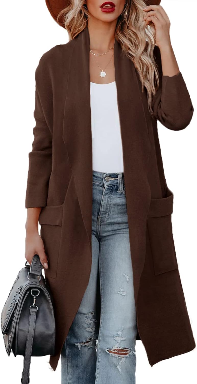 Maavoki Strickjacke Damen, Langarm Offene Front Cardigan mit Tasche, Casual Lange Einfarbig Strickma