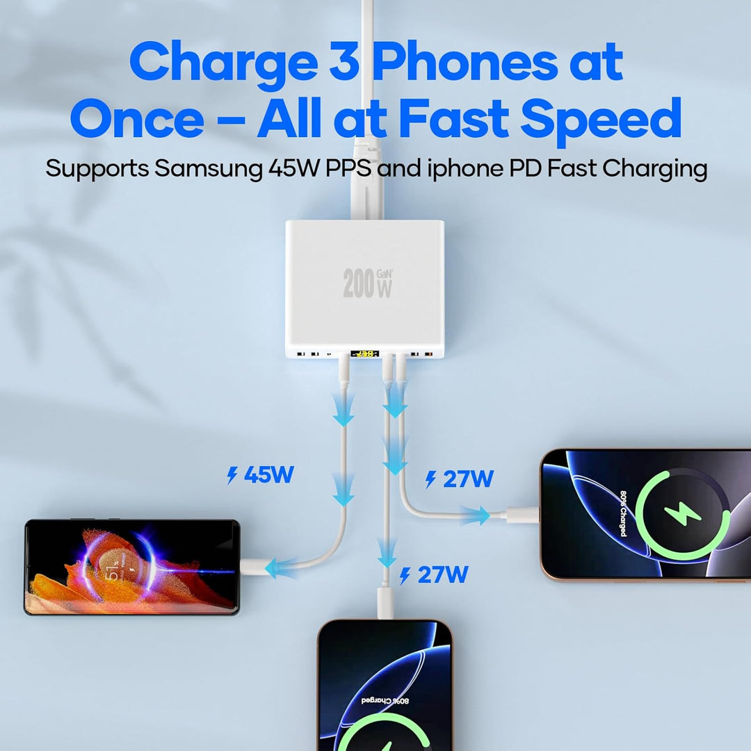 USB C Ladegerät Mehrfach 8-Port mit LED Anzeige, YSYFAD 200W GAN USB Ladestation PPS PD Type C Netzt