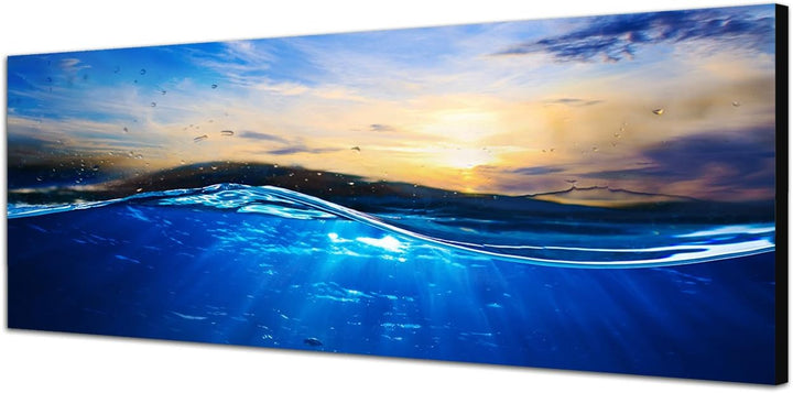 Paul Sinus Art Panoramabild auf Leinwand und Keilrahmen 150x50cm Wasser Welle Sonnenuntergang Luftbl