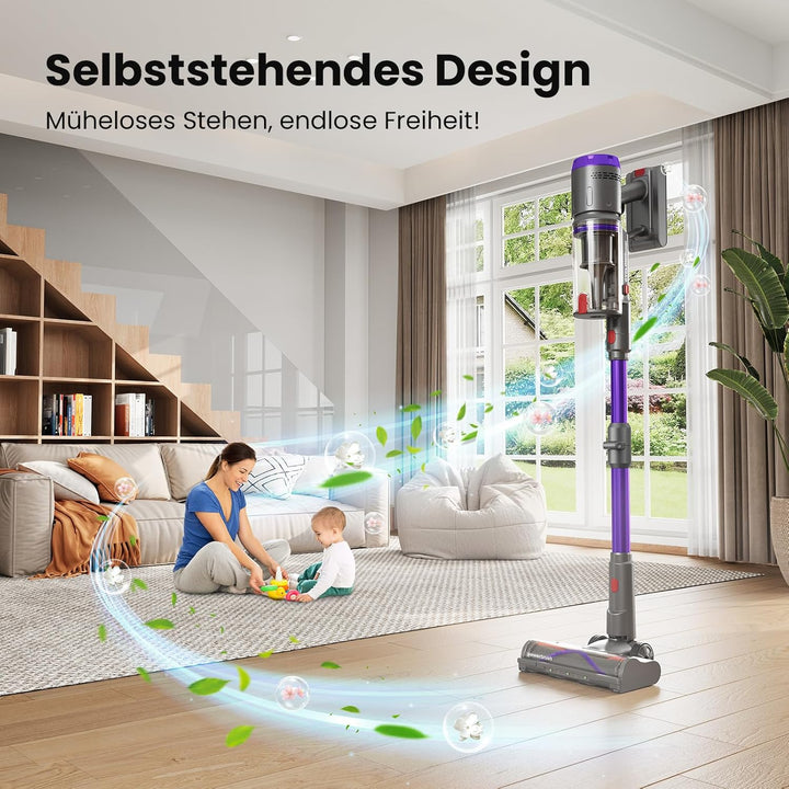 Akku Staubsauger, 600W/58000Pa/75Min, Laufzeit Staubsauger Kabellos mit Tierhaar-Entfilzer und LED D