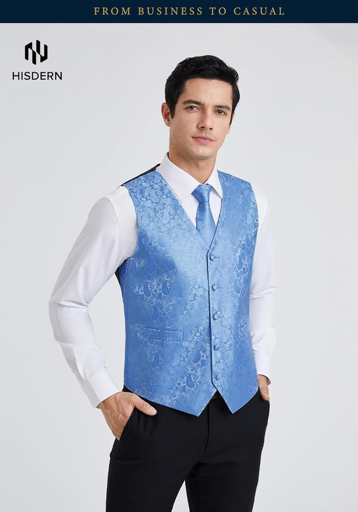 HISDERN Herren FLoral Hochzeit Weste Krawatte Einstecktuch Taschentuch Jacquard Weste Anzug Set M He