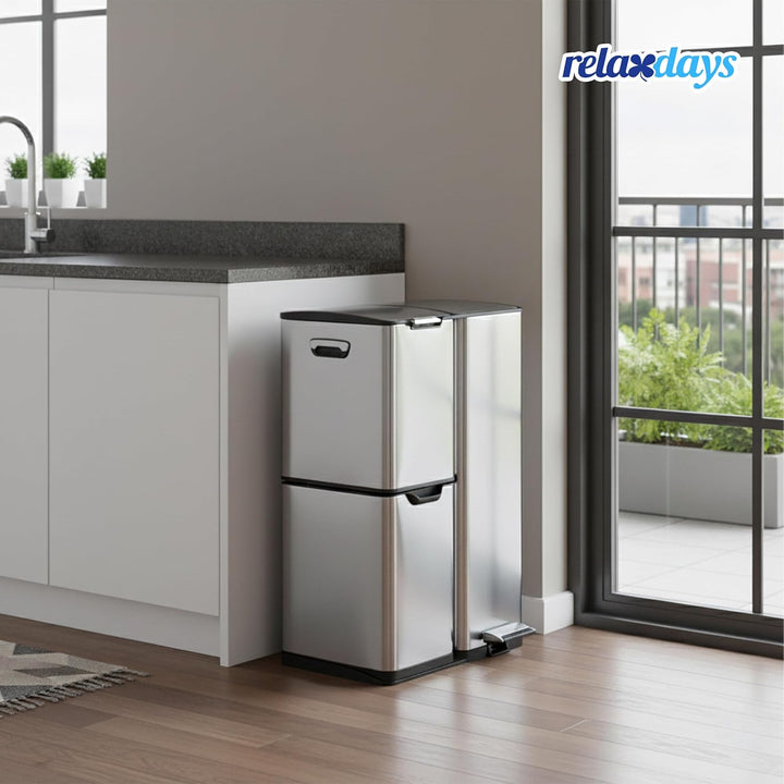 Relaxdays Mülleimer, 3 Fächer, 60 L, entnehmbare Inneneimer, Soft Close, Fusspedal, Edelstahl, Müllt
