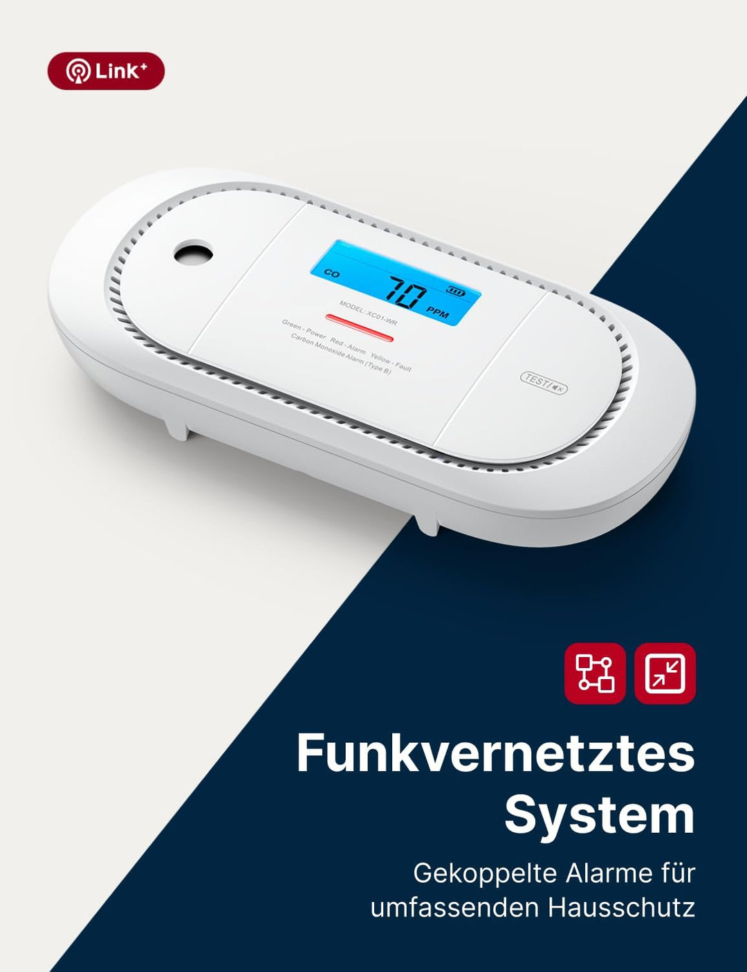 X-Sense Funkvernetzter CO Melder mit austauschbarer Batterie, Kohlenmonoxid Melder, LCD-Display und