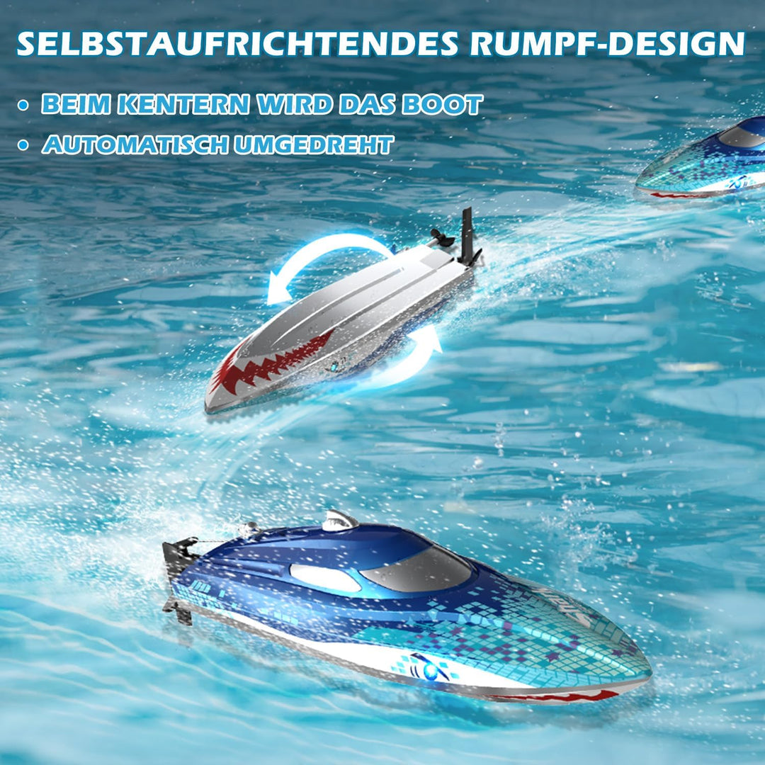 DEERC RC Boot mit LED-Licht,ferngesteuertes Haiboot für Pools und Seen, 20+ km/h RC-Boot, 2,4-GHz-Re