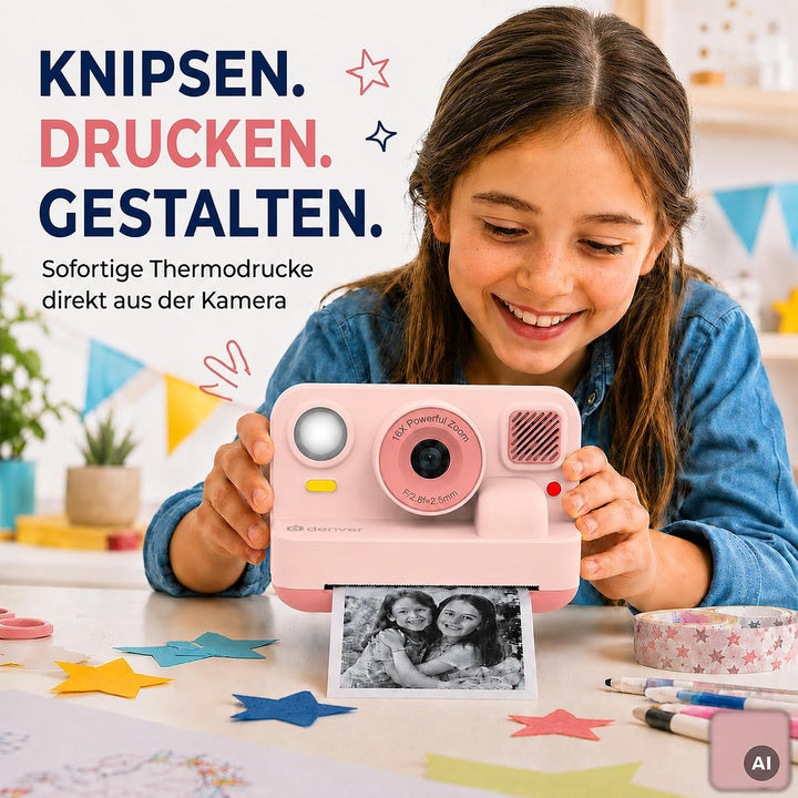 Denver Kinderkamera 48 MP mit Sofortdruck, Bluetooth, Full HD, Rosa