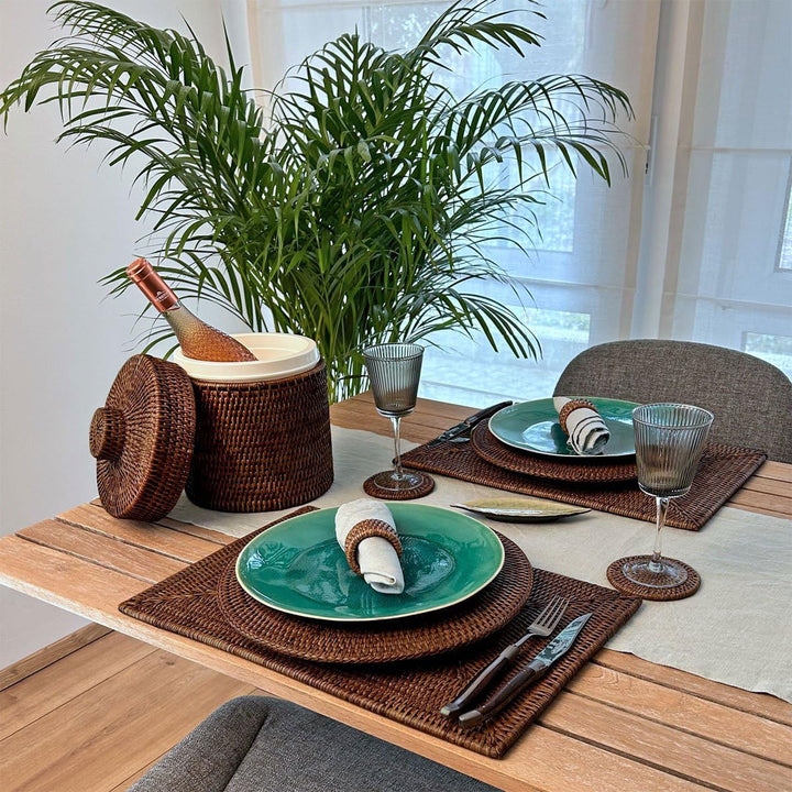 Eiskübel/Eiseimer mit Deckel und Zange, aus Kunststoff &amp; geflochtenem Rattan, Ø 20 x H 25 cm / 2,5 L