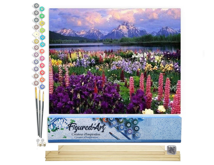 Figured'Art Malen Nach Zahlen Erwachsene Mit Rahmen Blumen und See am Fusse des Berges - Paint by Nu
