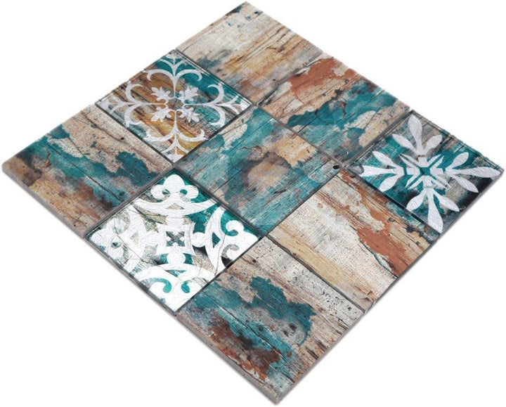 Mosaikfliese Glasmosaik Piastrella Vintage Patchwork beige pertrol Holzoptik Ornament Küchenrückwand