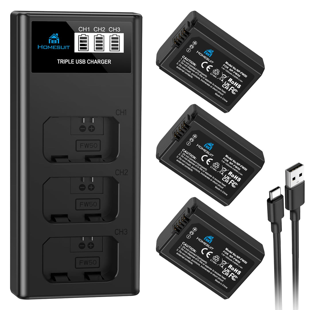 Homesuit NP-FW50 Akku 1300mAh und DREI Schlitze LCD Ladegerät Kit für Sony ZV-E10, Alpha A6000, A650
