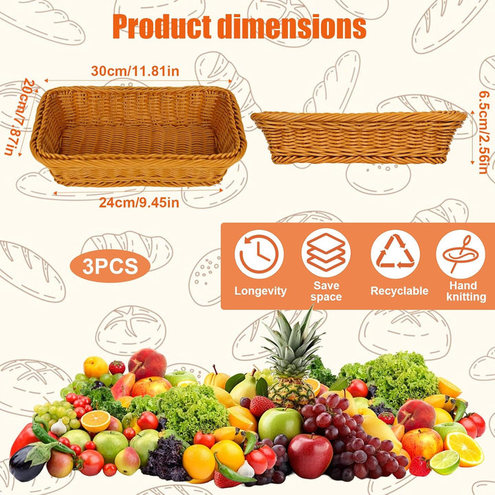 3er Set Weidenkorb Rechteckig, 30 x 20 x 7 cm Brötchenkorb Rechteckig, Geflochten Brotkorb Geschenkk