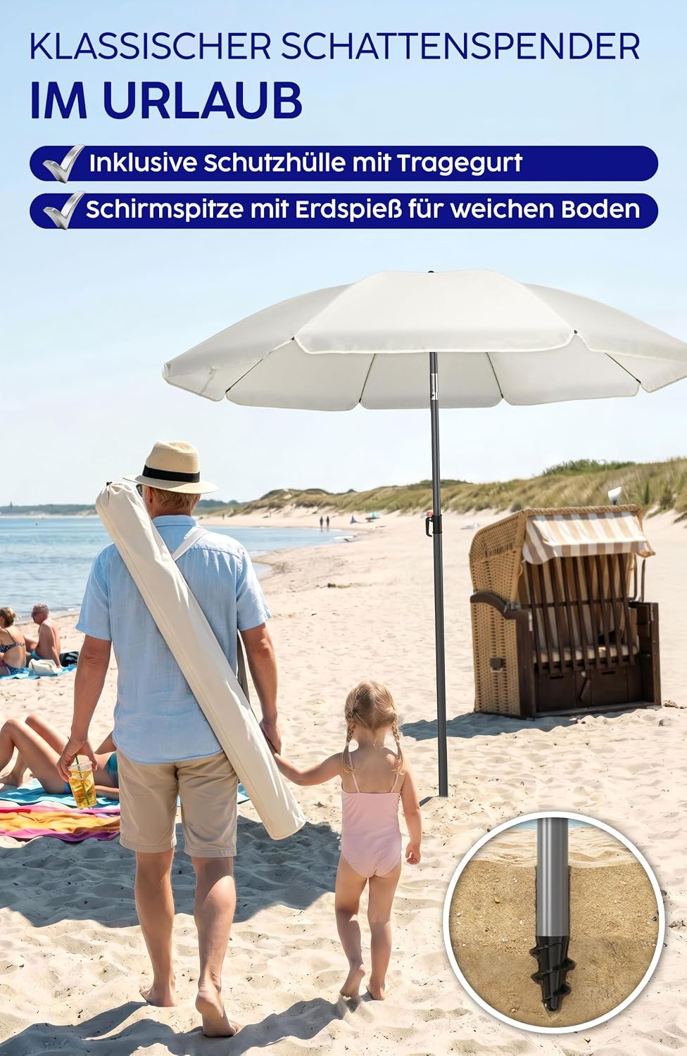 4smile Sonnenschirm Strand SunnyJoy, Beige - UPF 50+ Strandschirm Ø 180 cm, sicherer Sonnenschutz St