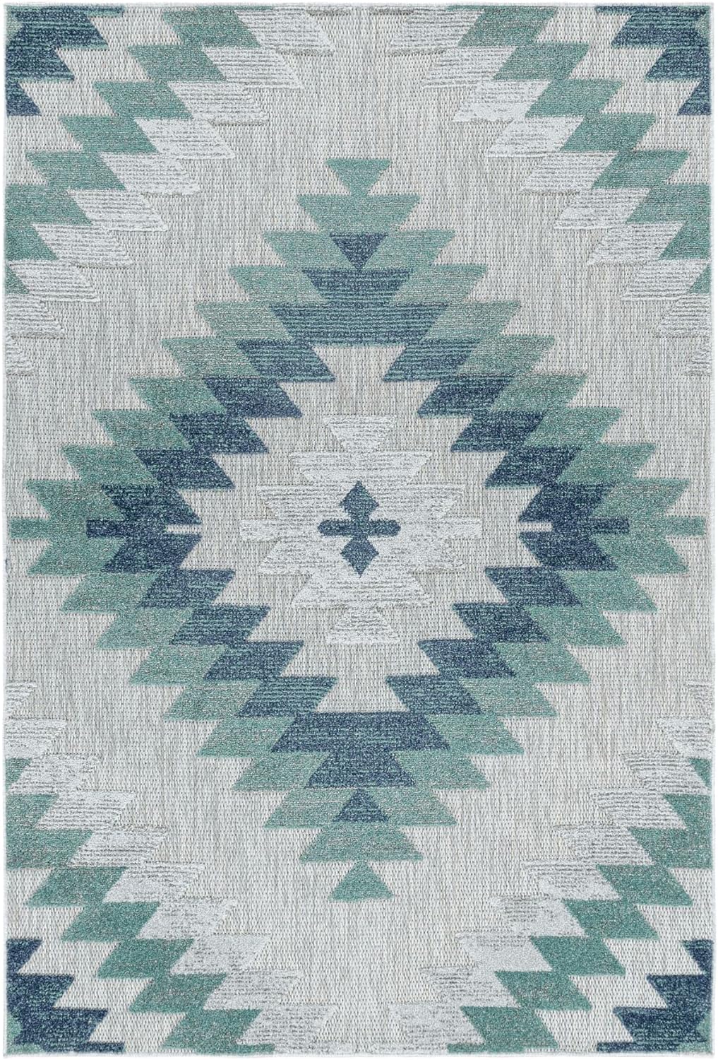 Carpetsale24 Outdoor Teppich Modern, Rauten Berber Muster 3D Optik, Rechteckig, Grau mit blauen Must