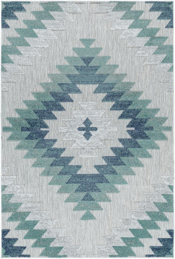 Carpetsale24 Outdoor Teppich Modern, Rauten Berber Muster 3D Optik, Rechteckig, Grau mit blauen Must