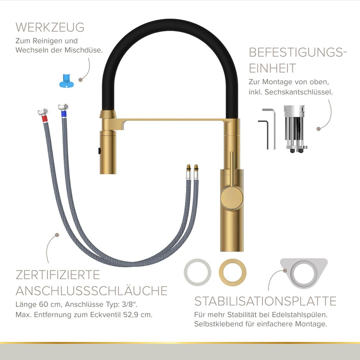 Lenz Küchenarmatur NALU Gold – Flexible, 360° schwenkbare Pendelbrause | Geschirrbrause, 2 Strahlart