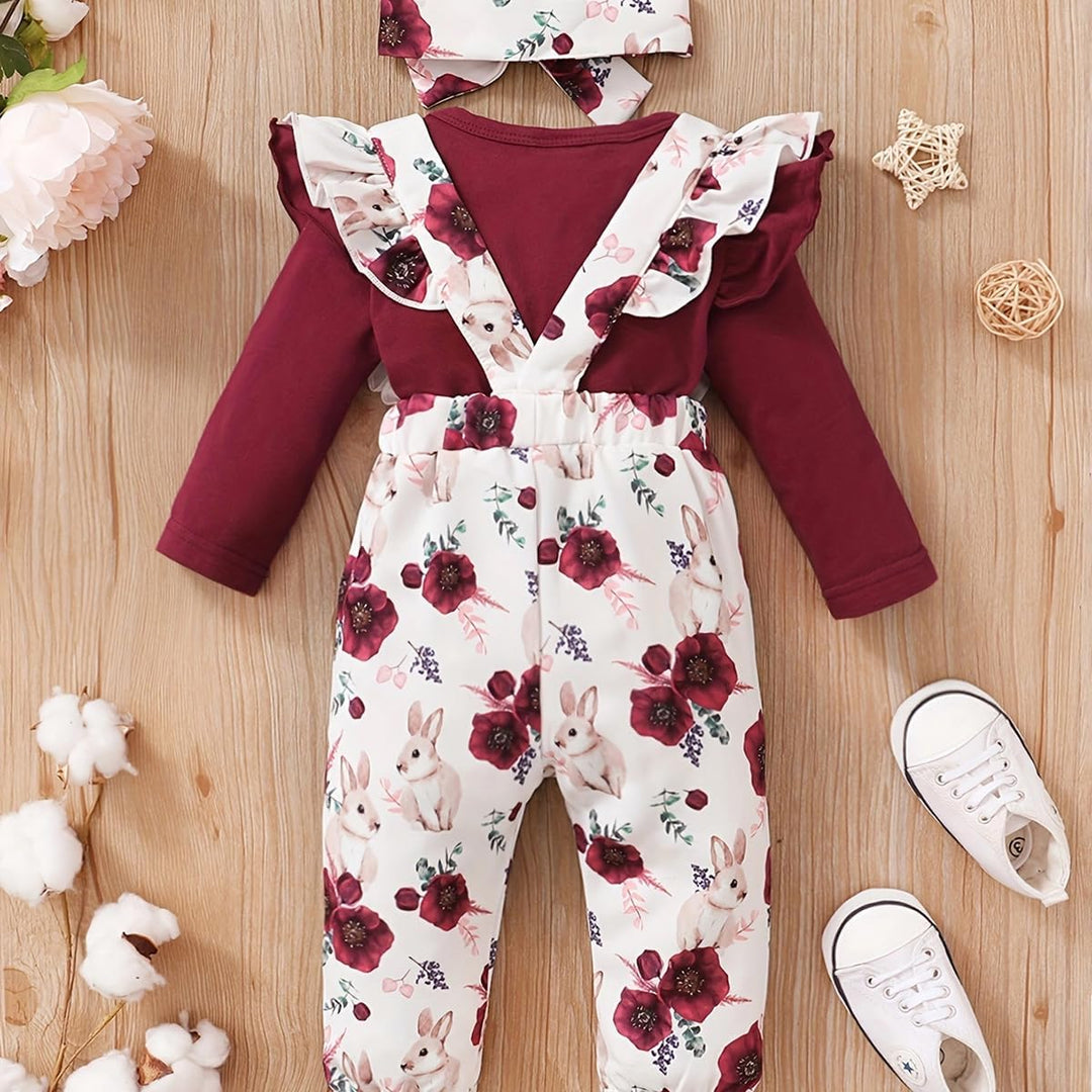 Neugeborenes Baby Mädchen Kleidung Langarm Rüschen Strampler Kaninchen Blumendruck Hose süsse Stirnb