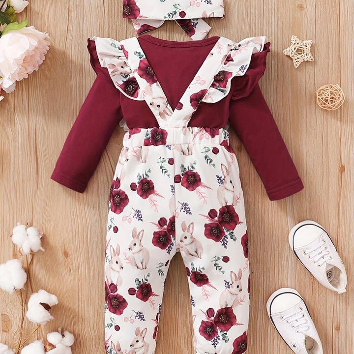 Neugeborenes Baby Mädchen Kleidung Langarm Rüschen Strampler Kaninchen Blumendruck Hose süsse Stirnb