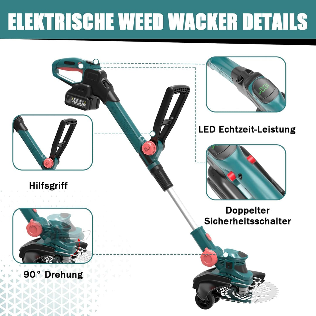 Akku Rasentrimmer mit Unkrautbürste, 21V Bürstenlose Rasentrimmer für Makita Akkus, Elektrischer Fre