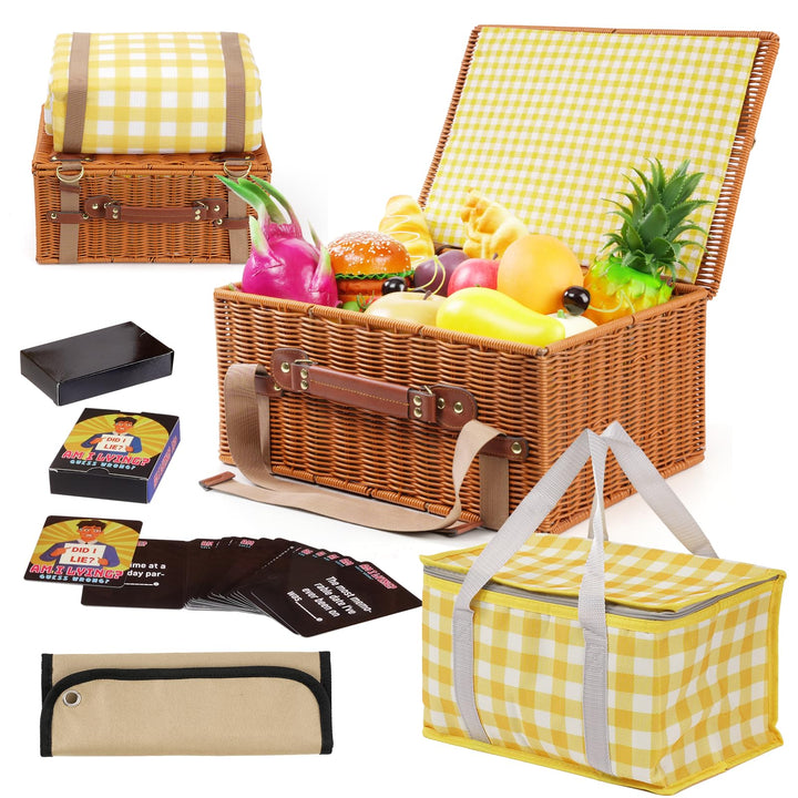 DEWEL Picknickkorb Set,Enthält eine Picknickdecke,eine Kühltasche und Brettspiele sowie Kartenspiele