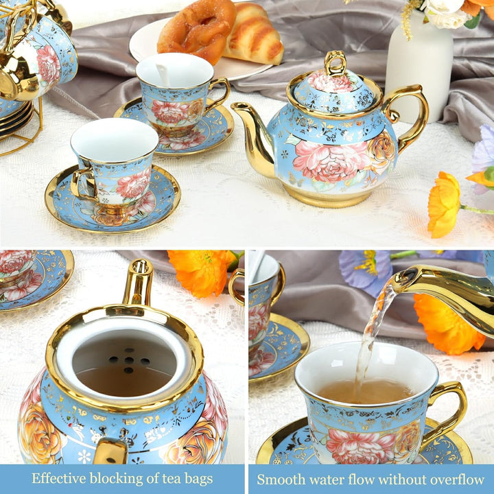 20 Stück Teeservice Porzellan Teeset mit Metallhalter, 700ml Teekanne Keramik Teeset, Blumendesign G