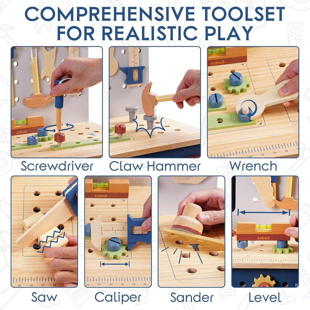 ROBUD Holzspielzeug Werkbank, Grosses Kinder Holz Spielwerkzeug, Pretend Play Creative Building Set,