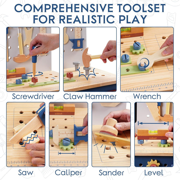 ROBUD Holzspielzeug Werkbank, Grosses Kinder Holz Spielwerkzeug, Pretend Play Creative Building Set,