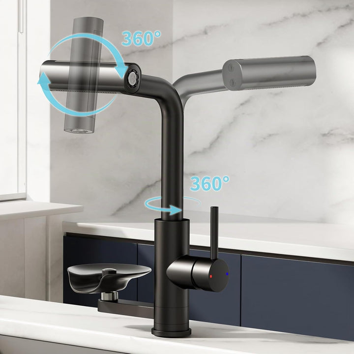 360° drehbarer Wasserhahn Küche ausziehbar mit Brause, wasserfall Mischbatterie Küche mit Gläserspül