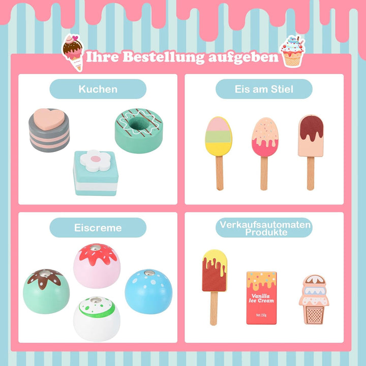COSTWAY Eiswagen Kinder mit Eiscreme Spielzeug, Eisladen Holz mit Eismaschine & Verkaufsautomat & Ka