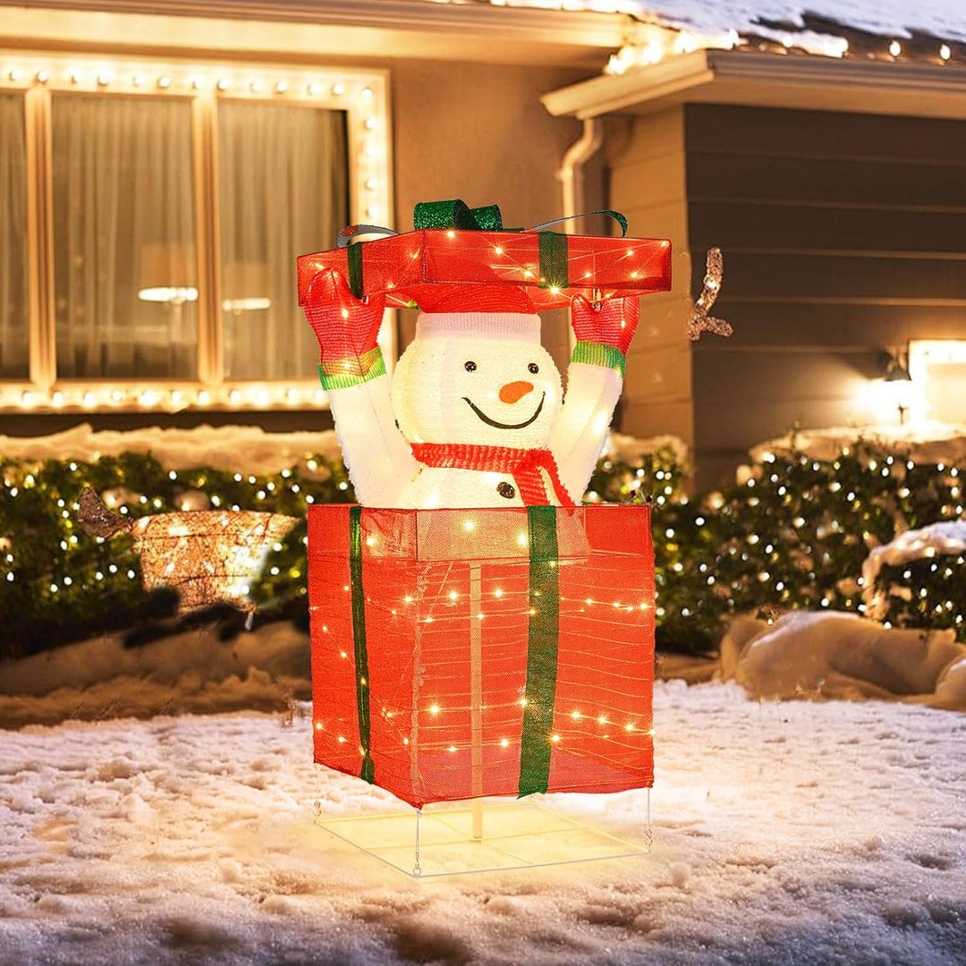 COSTWAY LED Schneemann in Geschenkbox, 115 cm beleuchtete Weihnachtsdeko mit 100 warmweissen LED-Lic