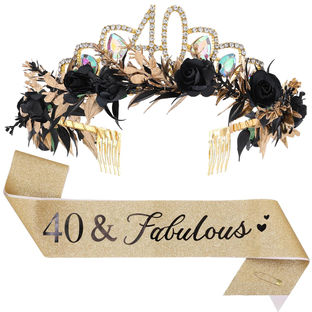 Geburtstagskrone Schärpe Set, Schwarz-Goldene Blumen Tiara Krone und Schärpe, Geburtstagsgeschenk fü