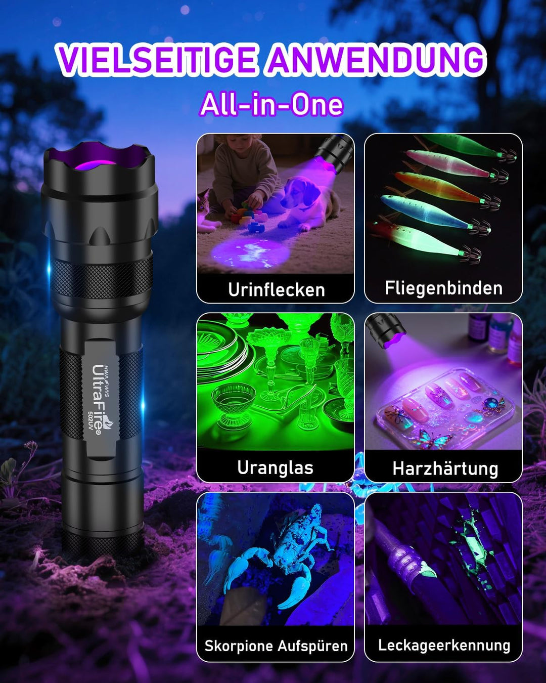 UltraFire 395-405nm UV Taschenlampe Einstellbarer Fokus Schwarzlicht, Zoomable Ultraviolett LED Tasc