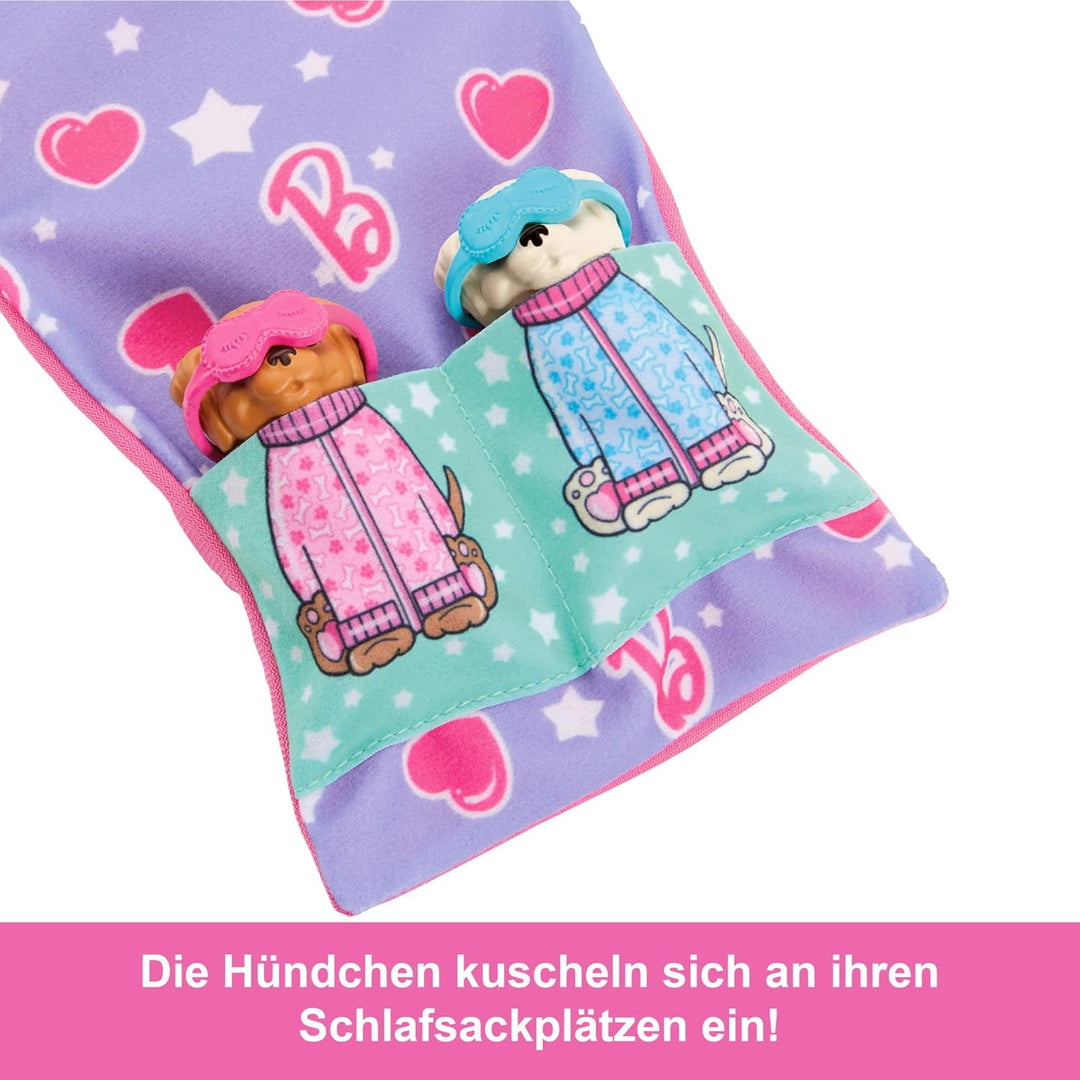 Barbie-Puppe und Spielset mit 2 Spielzeughunden und mehr als 10 Zubehörteilen, Welpen-Pyjama-Party m