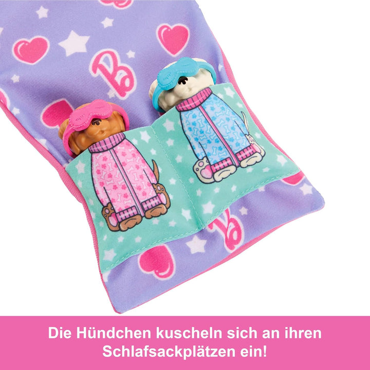 Barbie-Puppe und Spielset mit 2 Spielzeughunden und mehr als 10 Zubehörteilen, Welpen-Pyjama-Party m