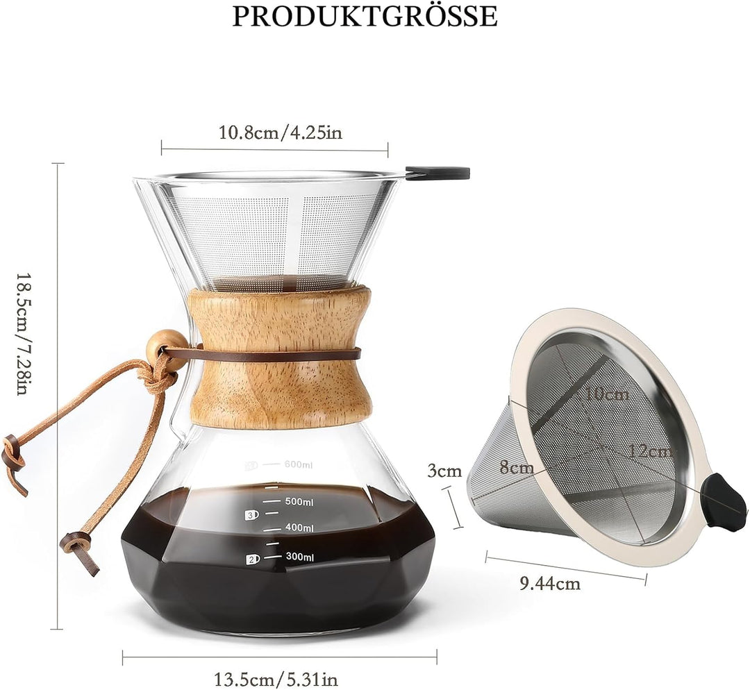 Pour Over Kaffeebereiter mit Edelstahlfilter, 600 ml Borosilikatglas Kaffeekaraffe, Holzkragen, Kaff