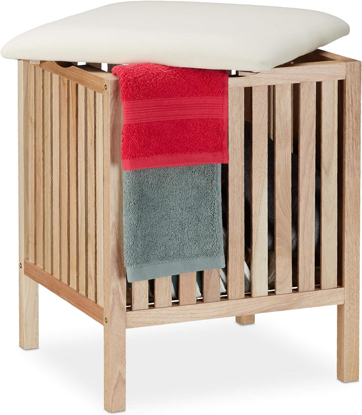 Relaxdays Wäschekorb mit Sitz, Badhocker mit Stauraum, 40 l Wäschesammler, Holz/Stoff, HBT: 51 x 41