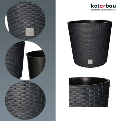 KOTARBAU® Blumentopf Ø 400x375mm Rattandesign Rund mit Innentopf Anthrazit, 400x375mm