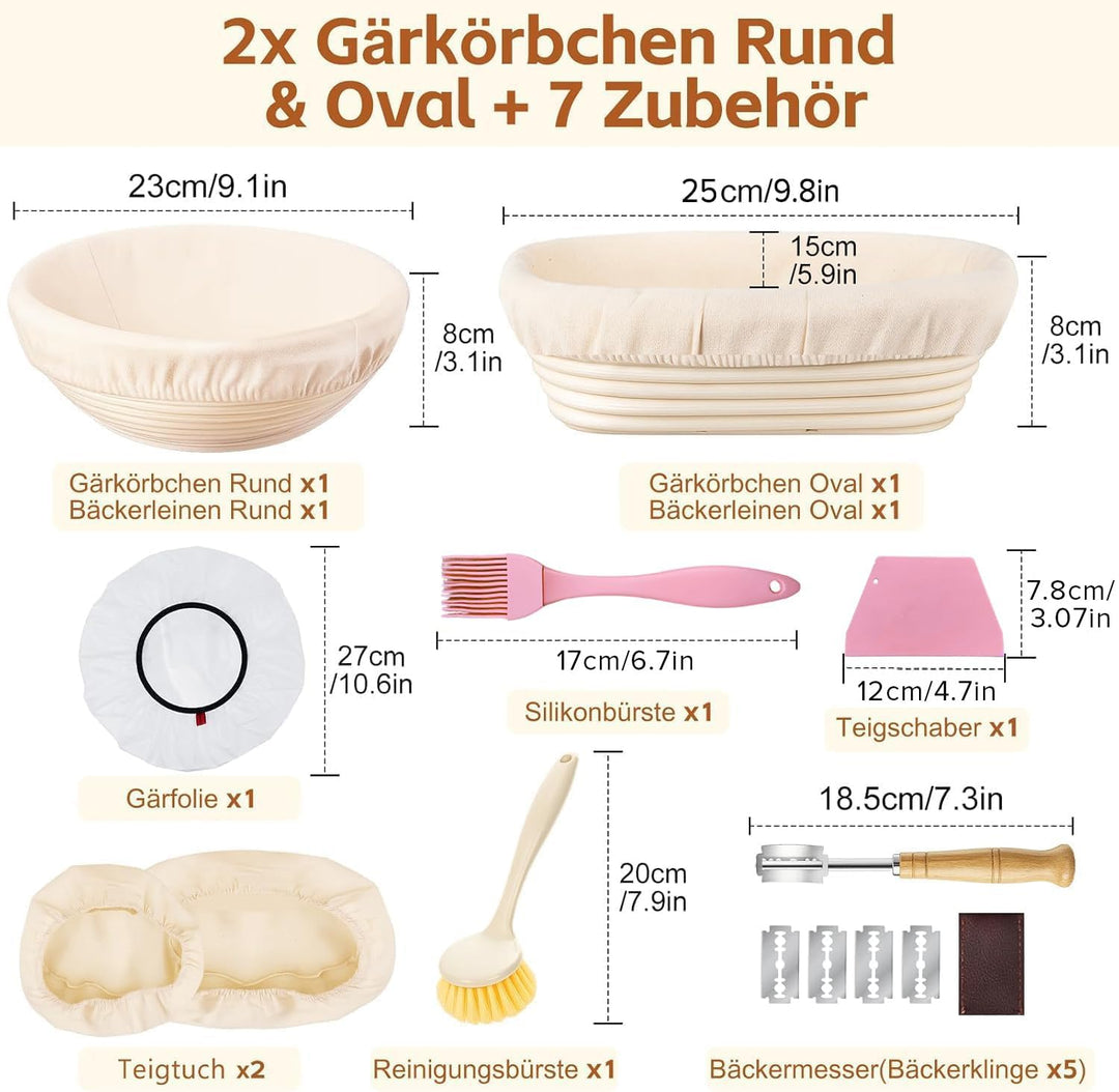 2er-Set Gärkorb Set, Gärkörbchen Rund 23cm & Oval 25cm, Gärfolie für Brot, Bäckermesser, Teigschaber