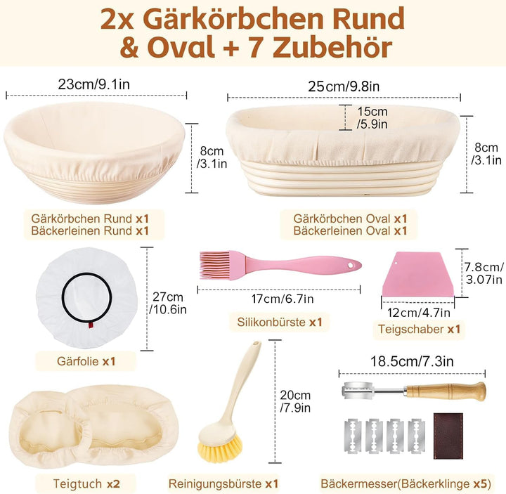 2er-Set Gärkorb Set, Gärkörbchen Rund 23cm & Oval 25cm, Gärfolie für Brot, Bäckermesser, Teigschaber