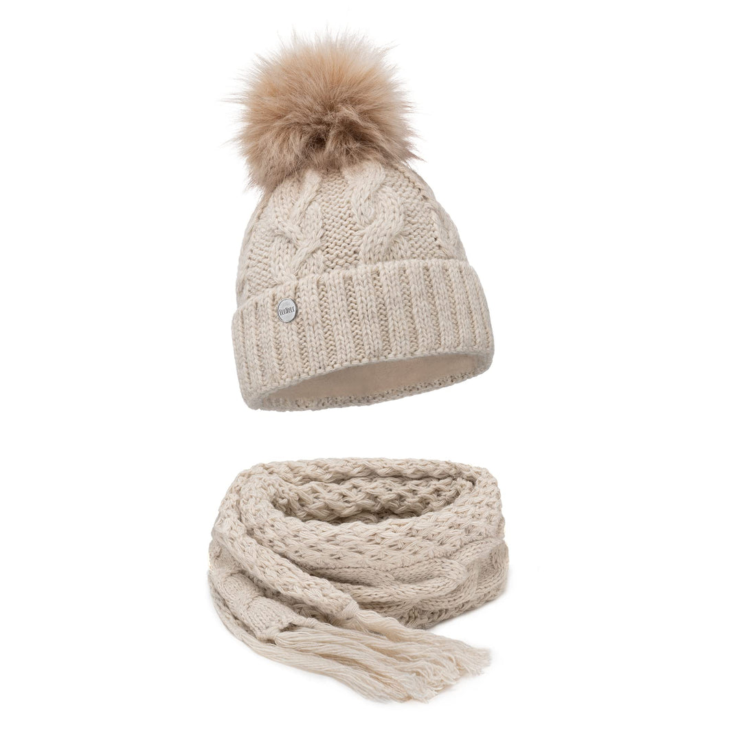 Winter Mütze Damenmütze mit Fell-Bommel Fleece Innenfutter gefüttert - warme Damen Bommelmütze Stric