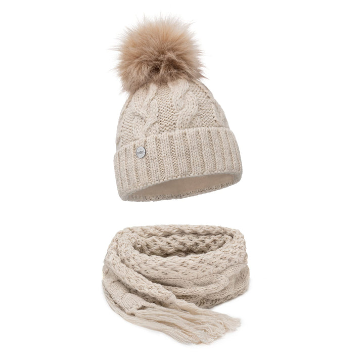 Winter Mütze Damenmütze mit Fell-Bommel Fleece Innenfutter gefüttert - warme Damen Bommelmütze Stric
