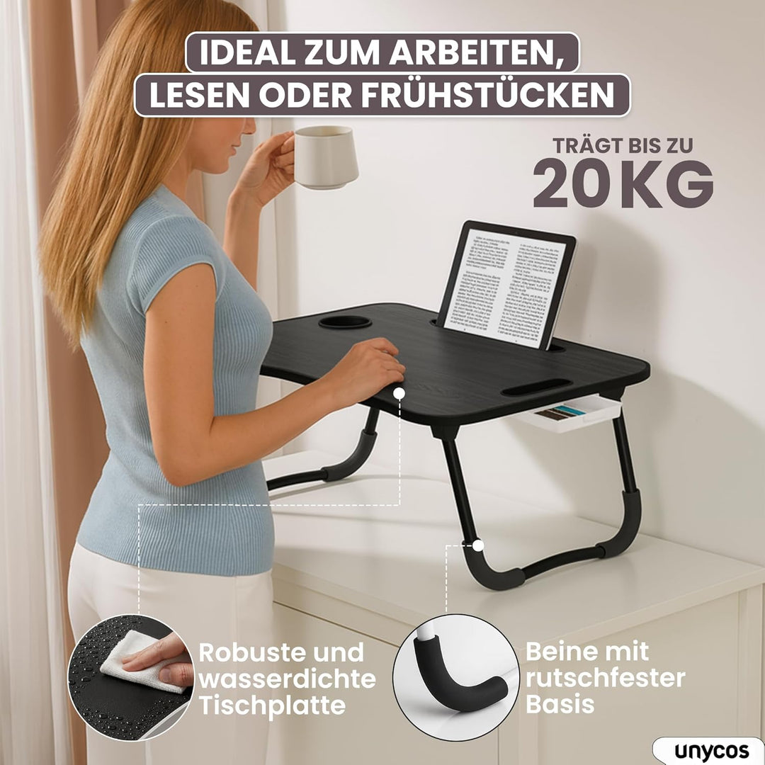 unycos - Klappbarer Laptoptisch, Betttablett, Leseständer, Computertisch, Frühstückstablett, Beistel