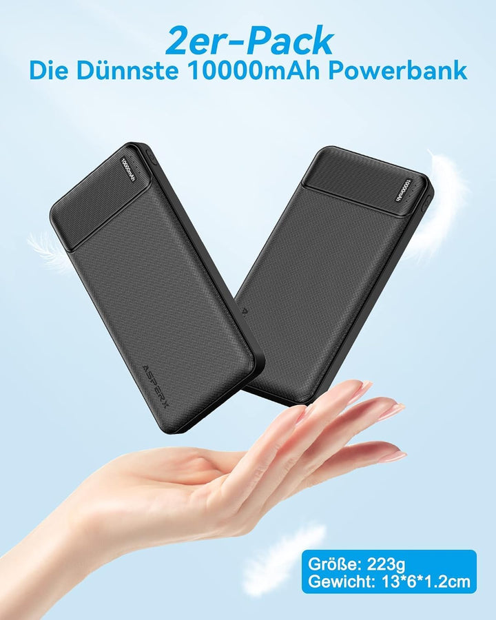 AsperX Power Bank 10000mAh 2 Stück,PowerBank USB C Output &amp; Input Externer Akku Klein Aber Stark,Tra