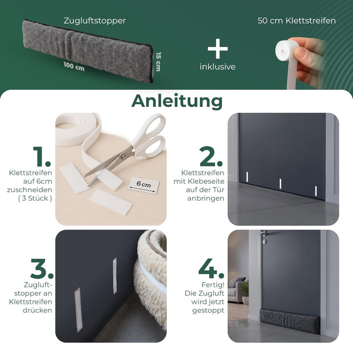 Zugluftstopper für Türen 80cm Anthrazit Schurwolle – stoppt Zugluft &amp; Kälte, dämpft Lärm/Staub/Licht